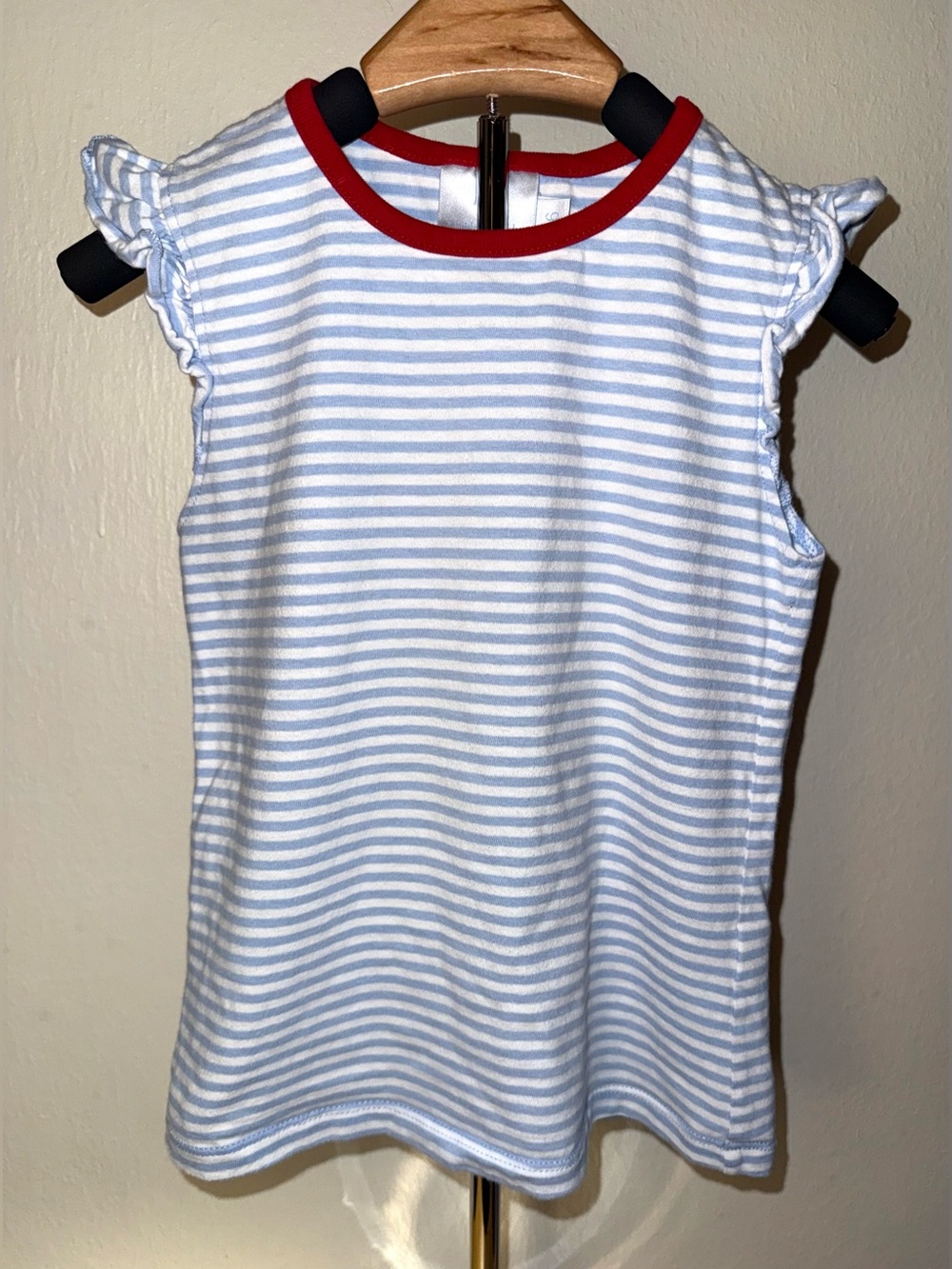 Little English ruffled sleeved blue and white striped tank, size 6